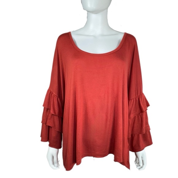 Rouge Collection Rust Colored Ruffles Bell Sleeve Top - Picture 1 of 6